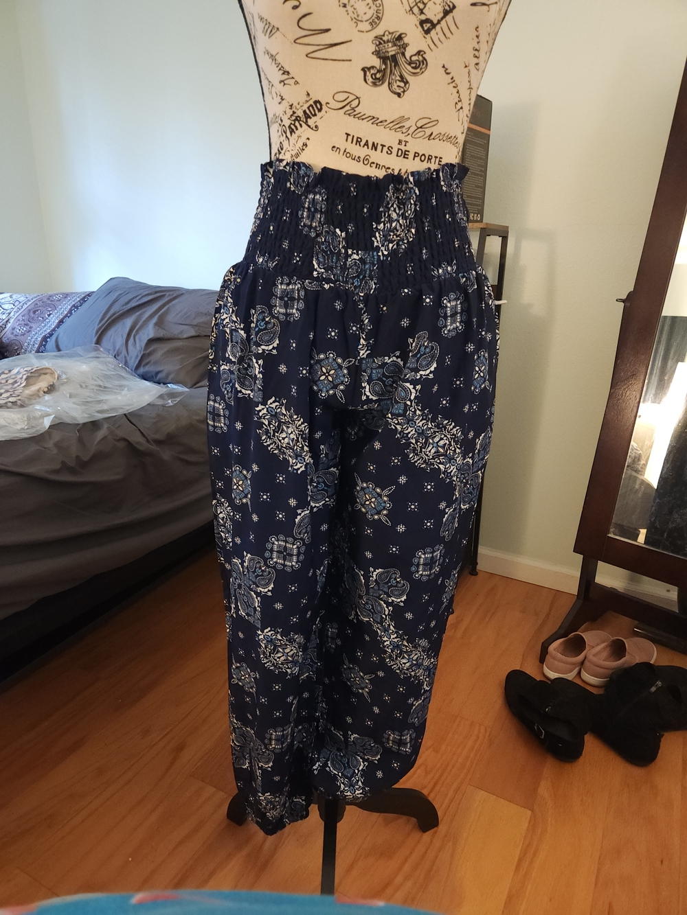 Navy Blue Floral Print Smocked Waist Pants